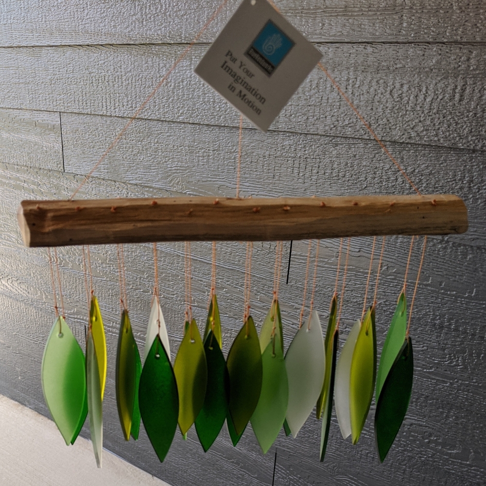 Hand cut glass and driftwood wind chime spring leaves by Blue Handworks - NWT